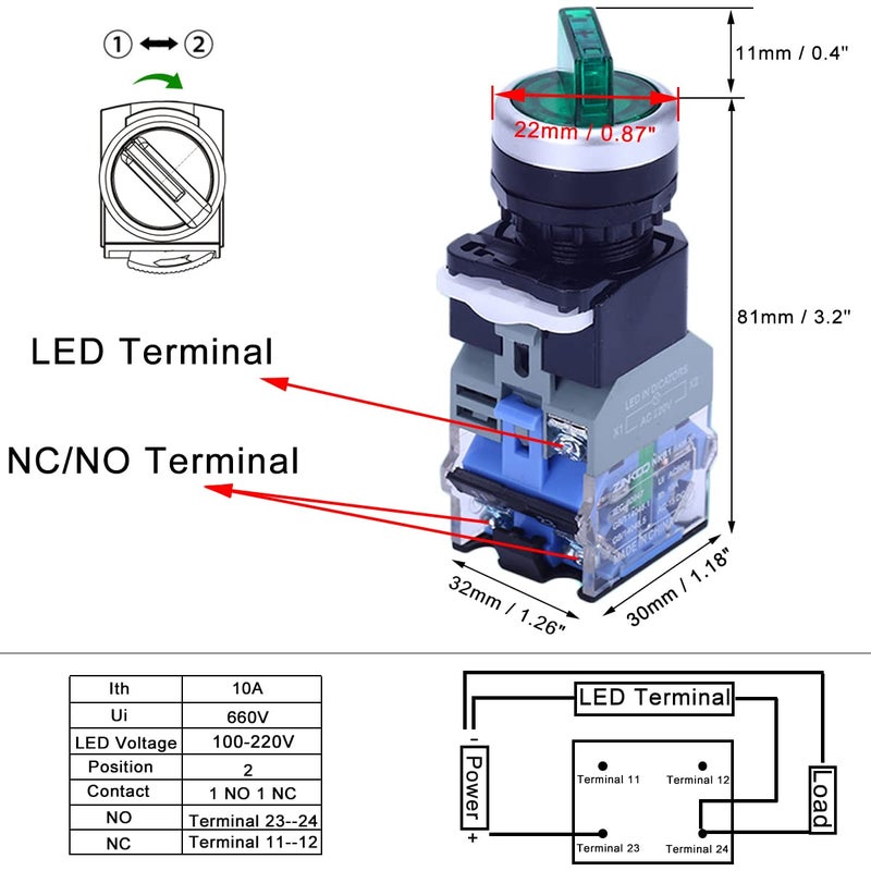 Sinyiol 2Pcs Latching Rotary Selector Switch with 110V LED lamp, 22mm 2 Positions,1 NO,1 NC,Green LED Light and Red LED Light Maintained Latching Rotary Selector Switches,Ith 10A Ui 660V - Image 2